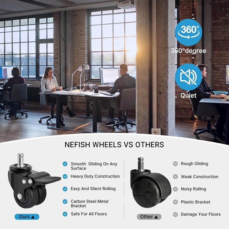 Nefish Office Chair Caster Wheels with Brake, 11mm, 2 Inch Heavy Duty Rubber Office Chair Wheel Replacement, Support 750lbs(Set of 5), Quiet Desk Chair Rollers, Safe for All Floors, Universal Fit - Image 5